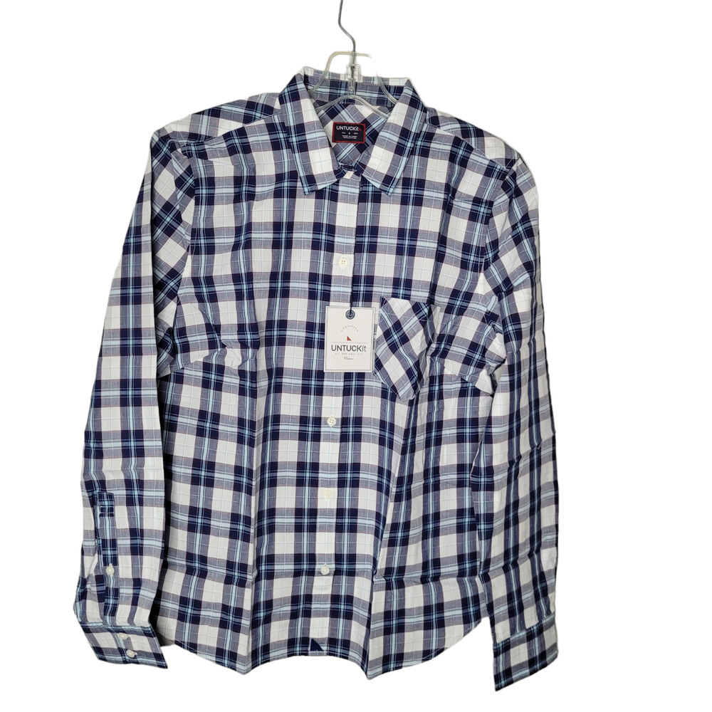 NWT UNTUCKit Sorbo Womens SZ 6 Plaid Long Sleeve Button Front Casual Shirt blue